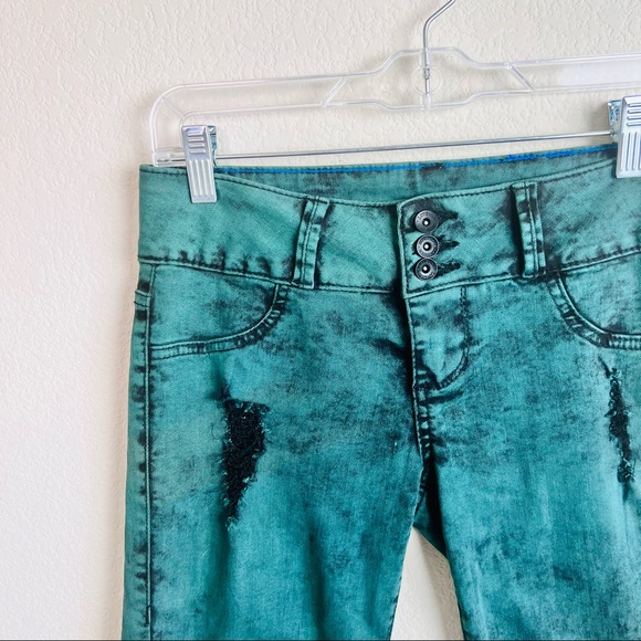 RARE Lovesick Green & Black Acid Wash 3-Button Distressed Skinny Jeans - Picture 3 of 8